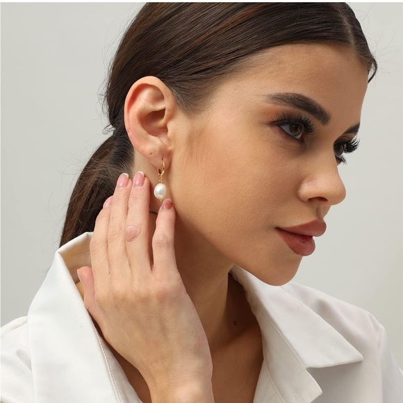 Gold Hoop Huggie Pearl Dangle Drop Earrings NWT - Picture 3 of 5